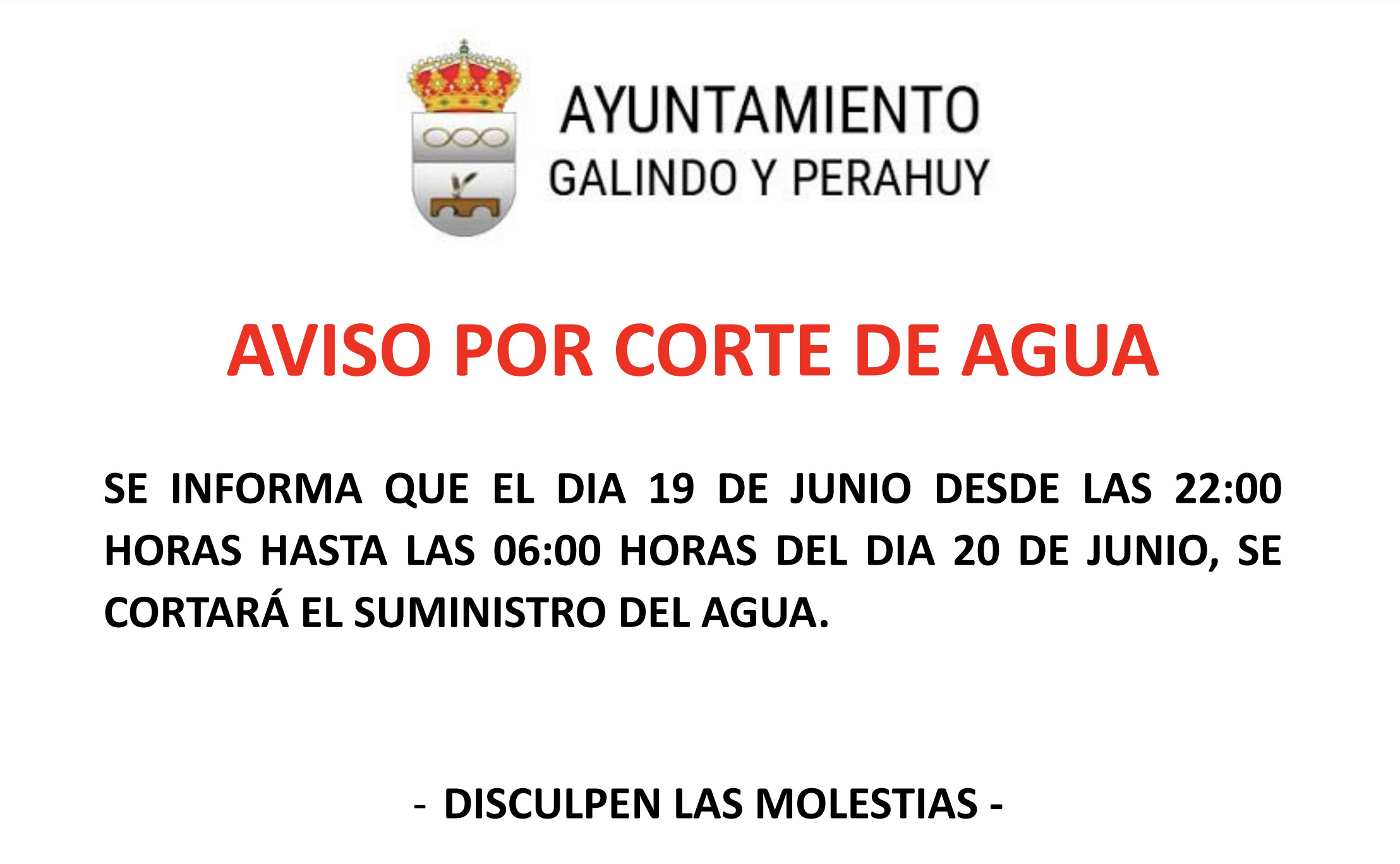 Corte de agua en Galindo y Perahuy