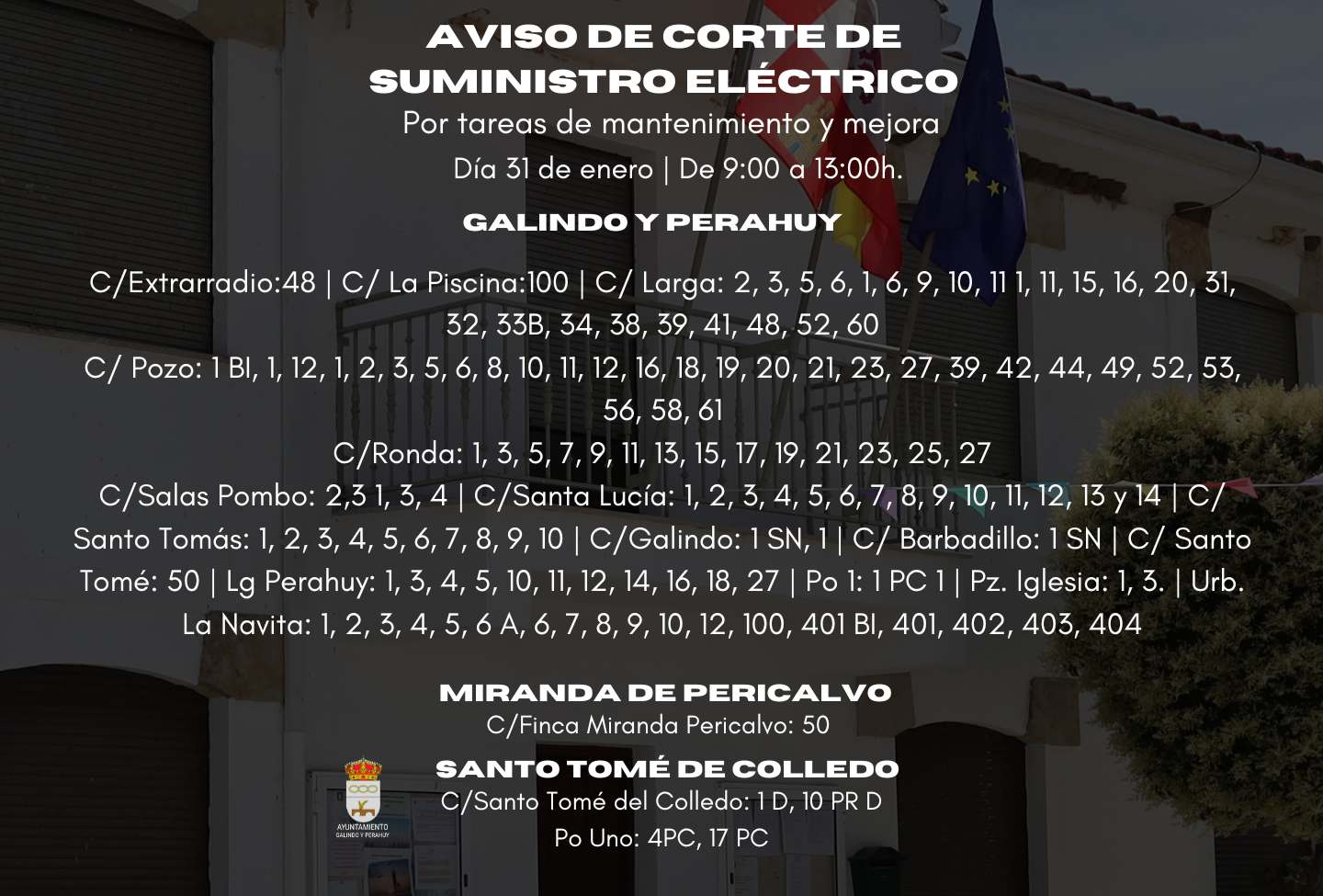 Corte de suministro eléctrico en Galindo y Perahuy