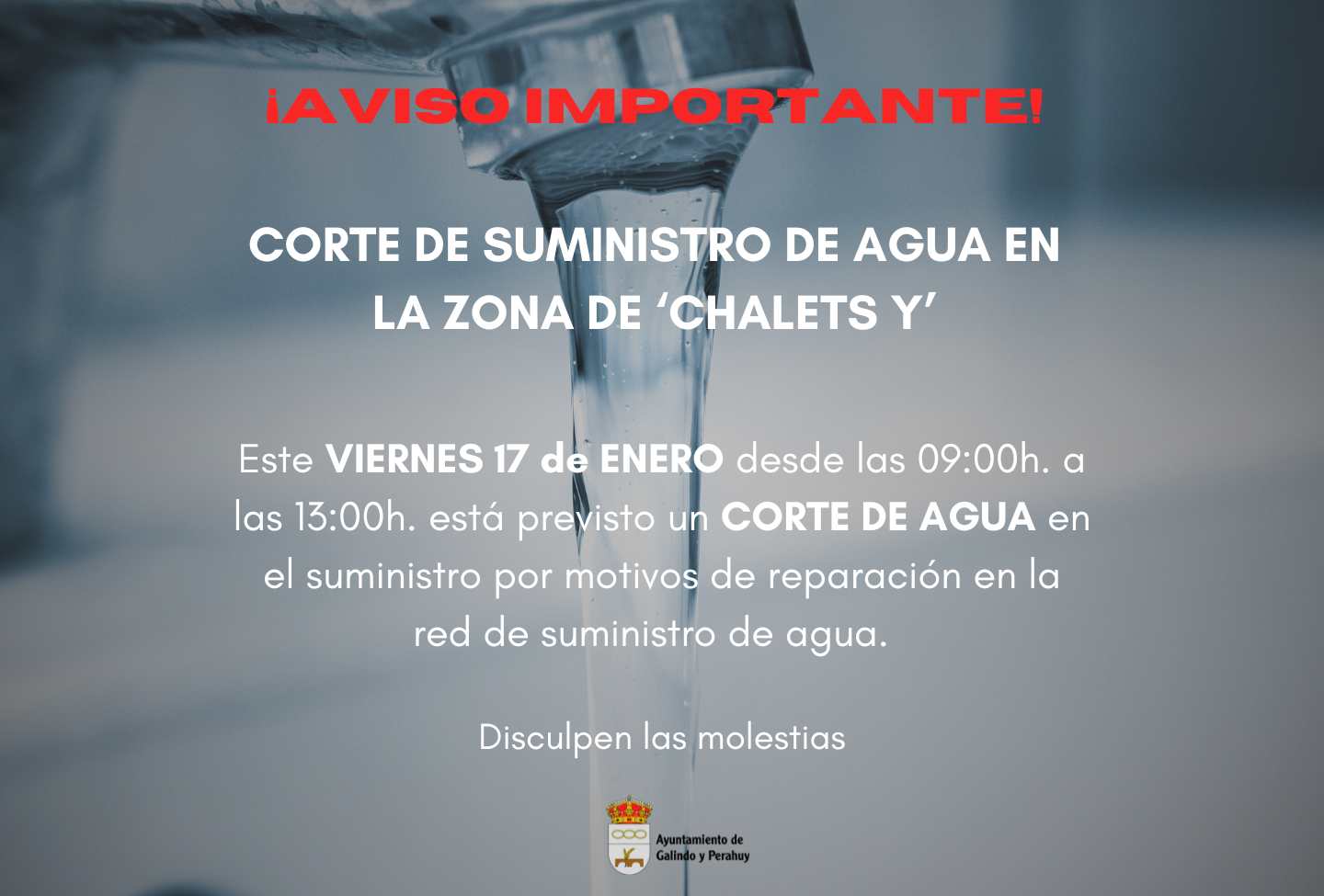Aviso: Corte de agua en la Zona Chalets Y este viernes 17 de enero