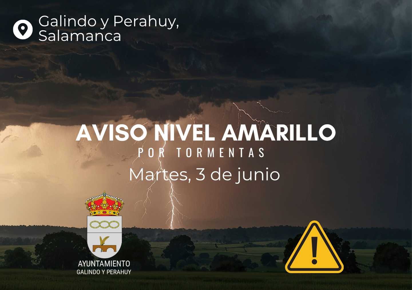 Aviso de nivel amarillo por lluvias y tormentas en Galindo y Perahuy para el miércoles 3 de junio