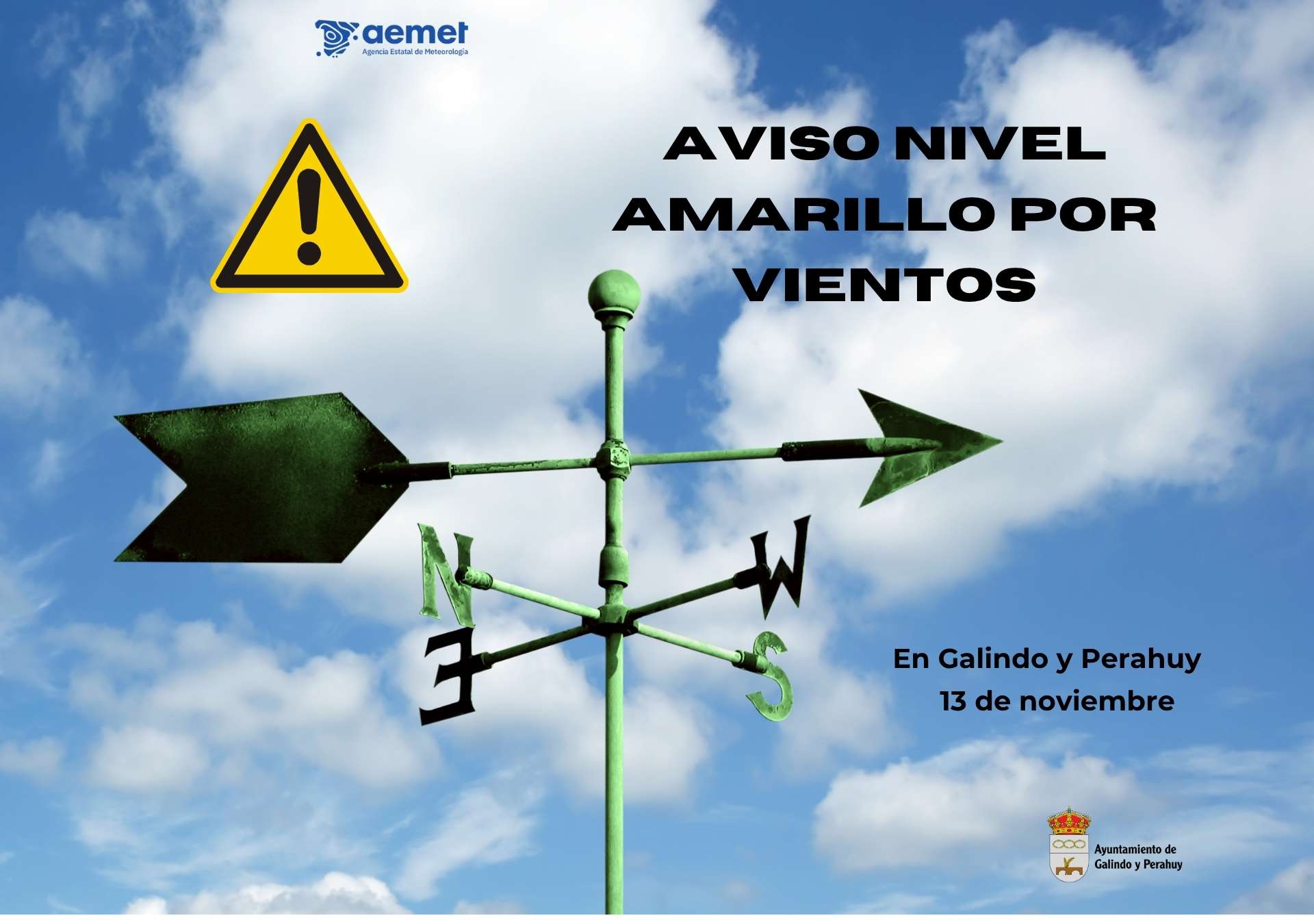 Aviso de nivel amarillo por vientos en Galindo y Perahuy este jueves, 13 de noviembre