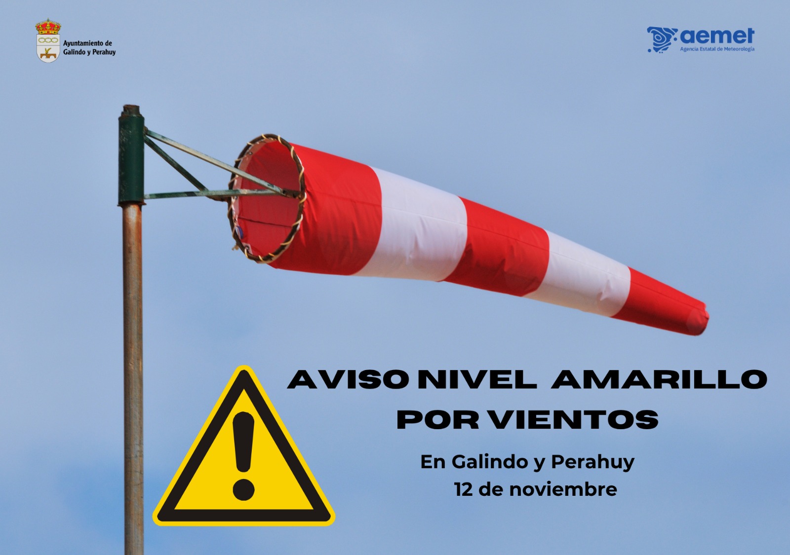 Aviso de nivel amarillo por vientos en Galindo y Perahuy este miércoles, 12 de noviembre