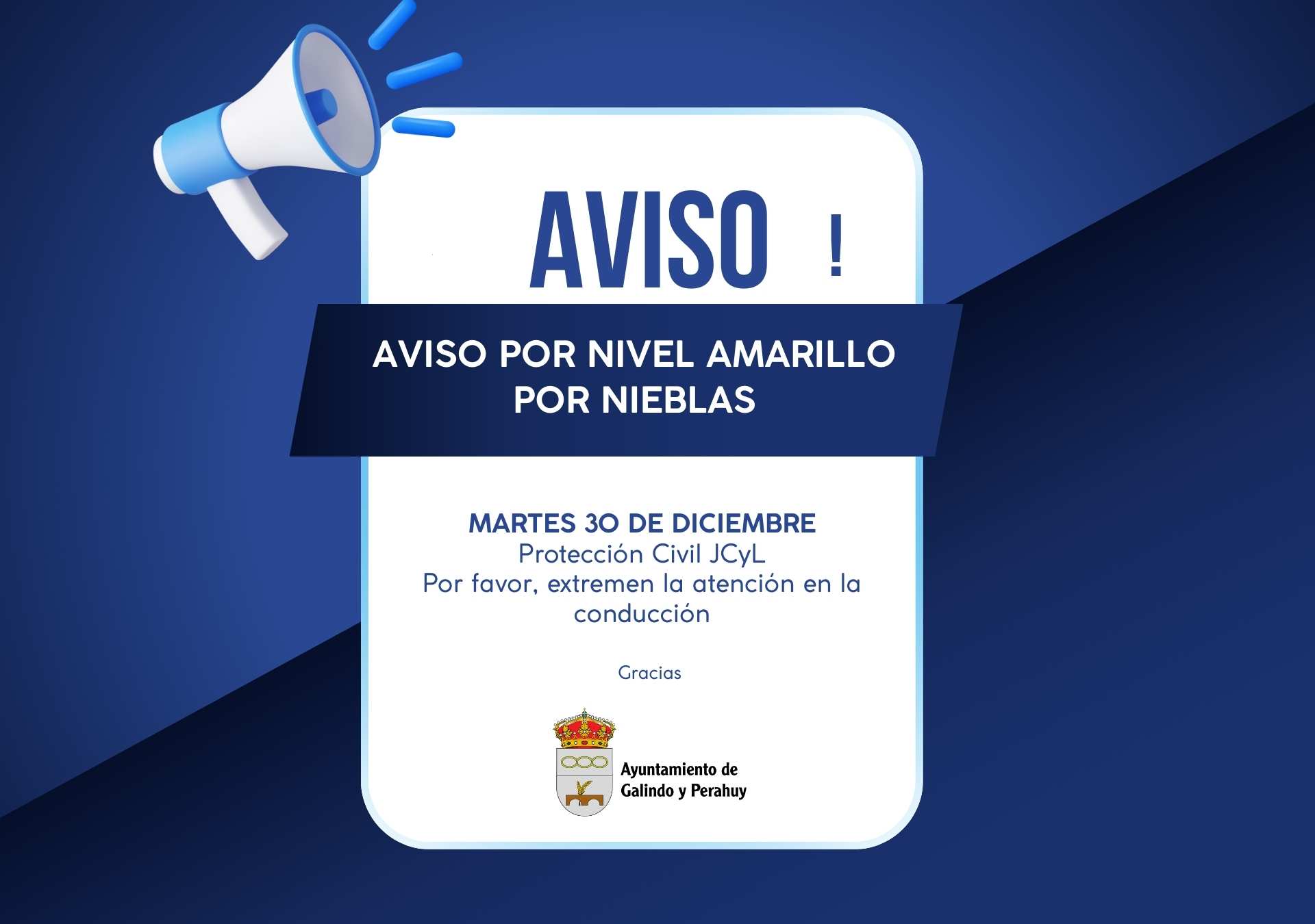 Aviso nivel amarillo por nieblas en Galindo y Perahuy (martes, 30 de noviembre)