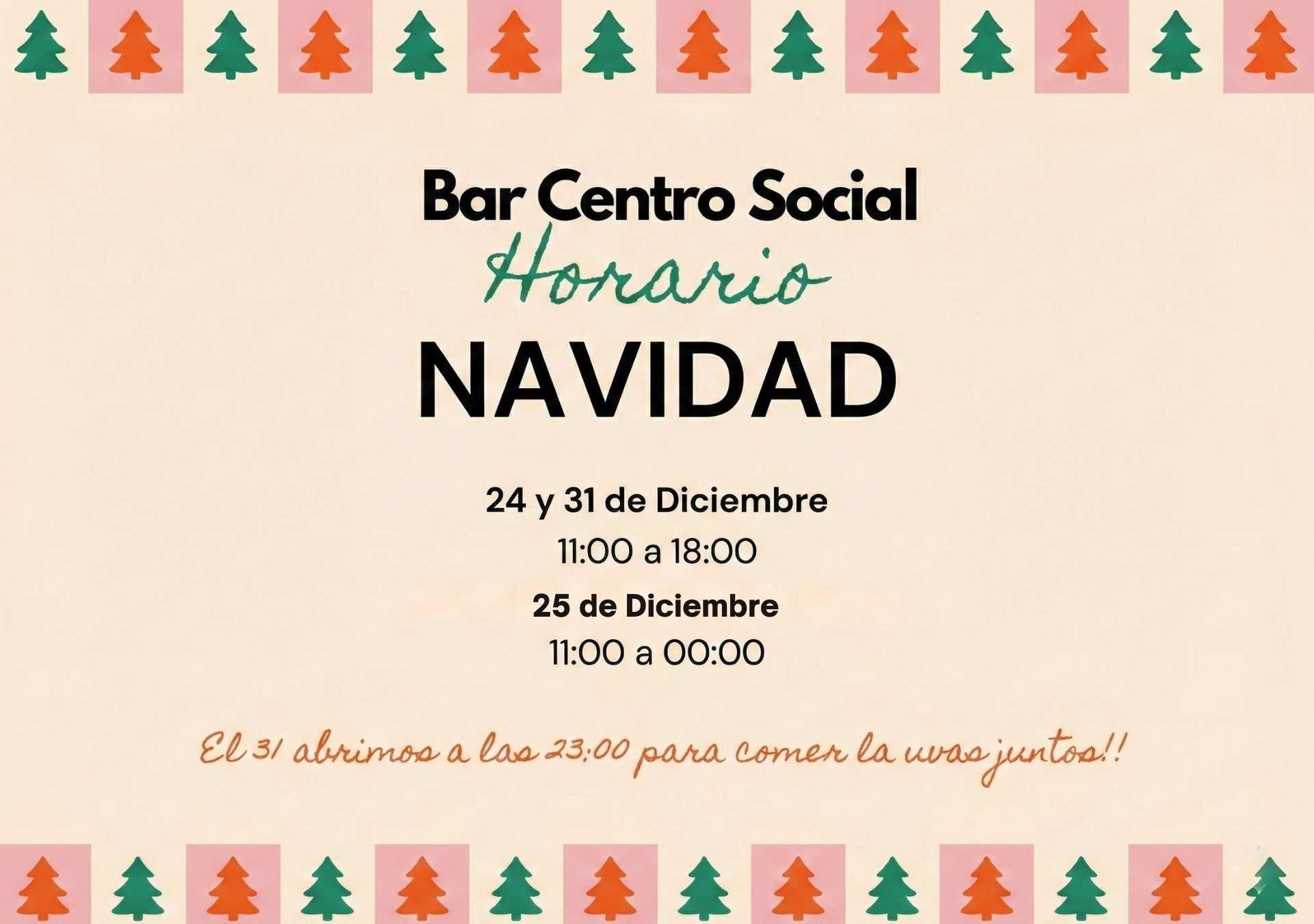 Horario especial del Bar Centro Social para los días de Navidad y Año Nuevo