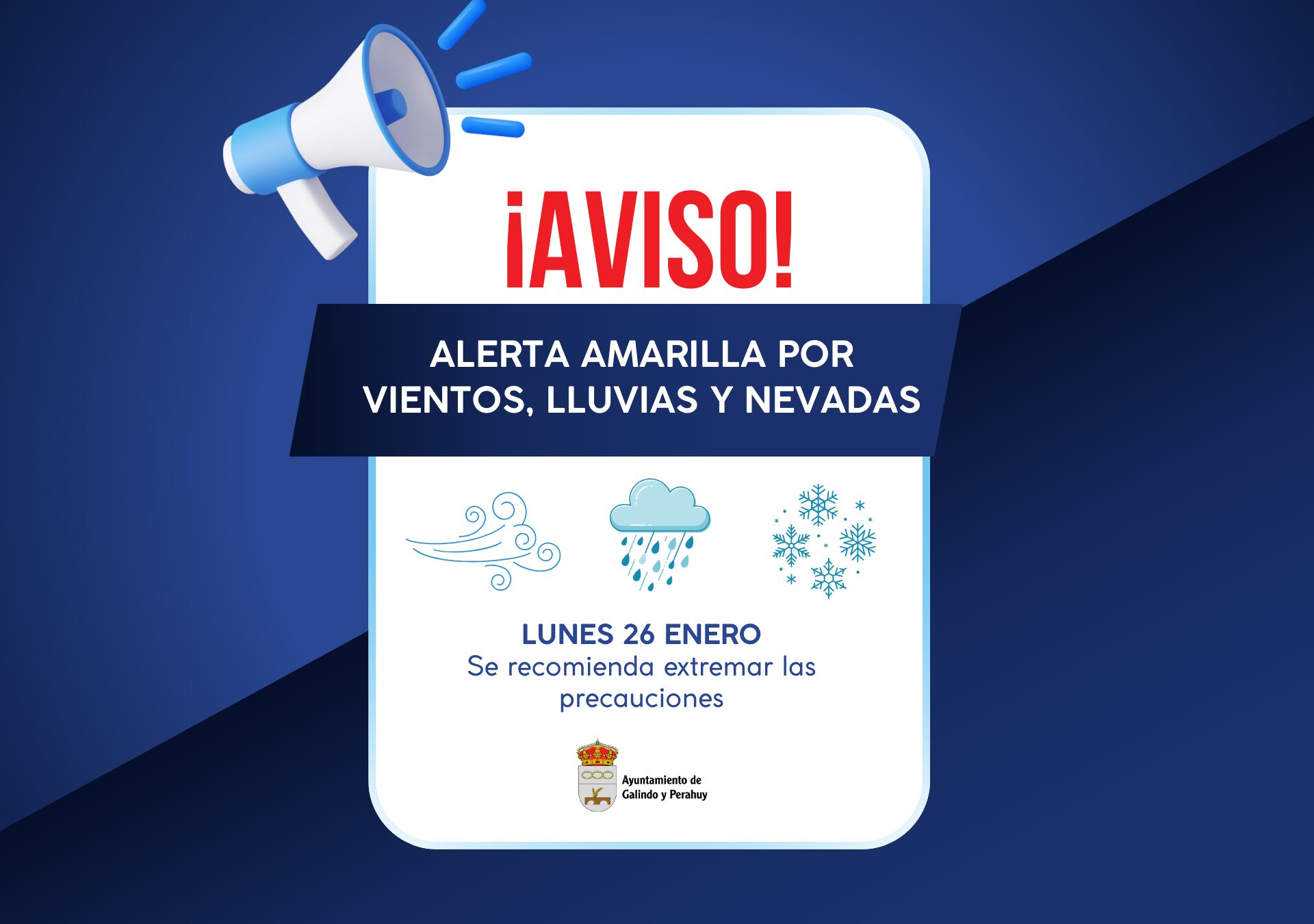 Aviso Amarillo por Vientos, Nieve y Lluvia 26 de Enero
