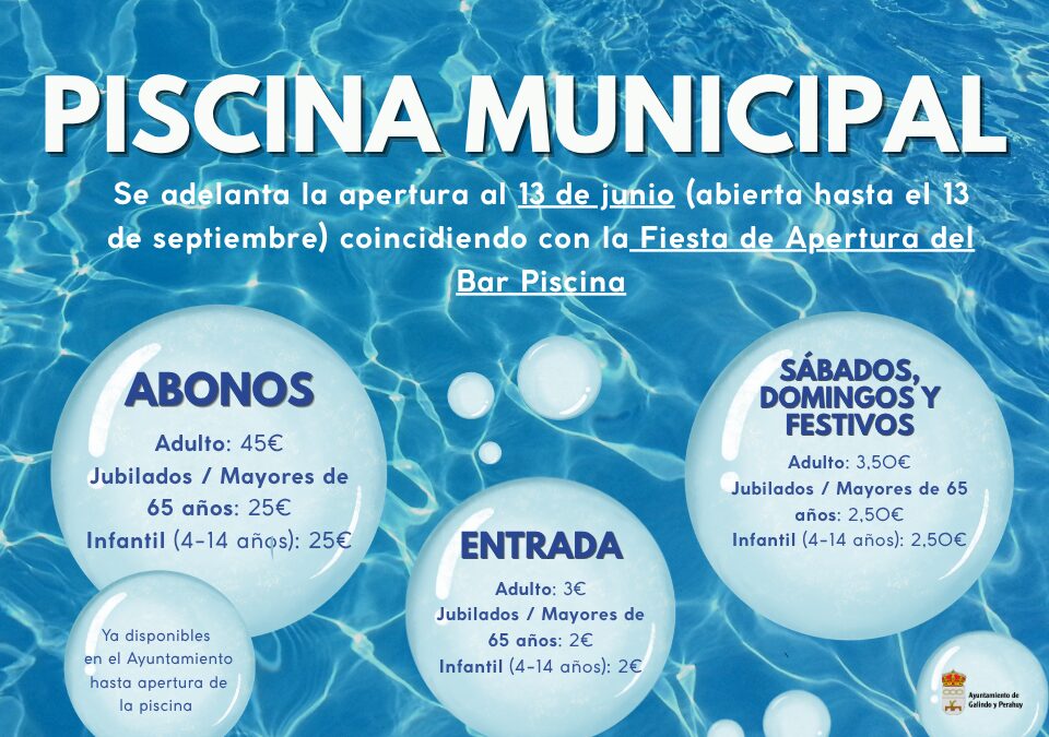 Piscina Municipal | Apertura adelantada al 13 de junio (hasta el 13 de septiembre)